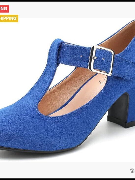 Faux Suede T-Strap Mary Jane Pumps with Block Heels and Buckle Closure
